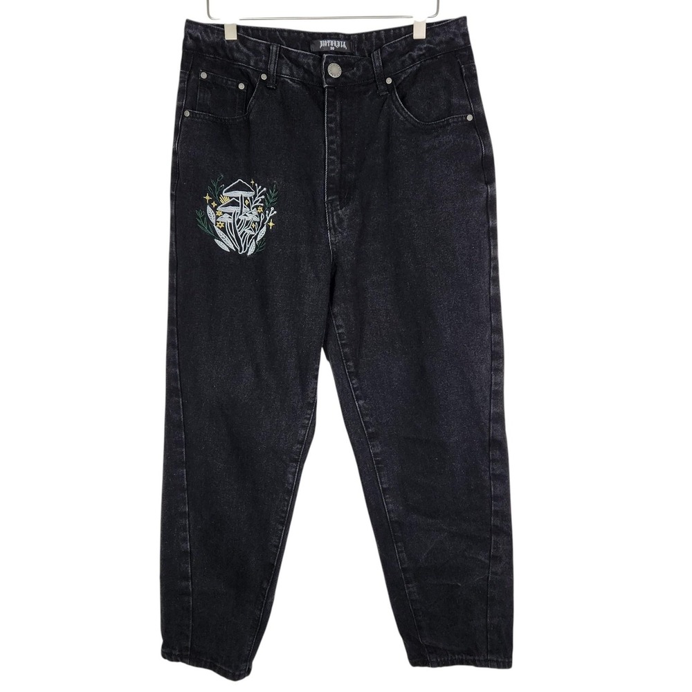 DISTURBIA Jeans Womens 30 Charcoal Wash High Rise Mom Mushroom Embroidered